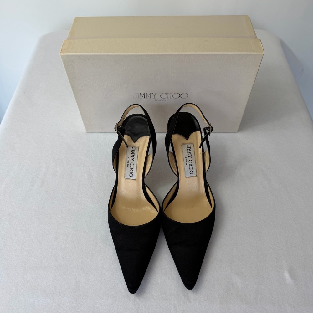 Jimmy Choo Syria Slingback Heels Black Satin Pointed Toe 37 85mm Classic - Picture 4 of 14
